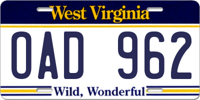 WV license plate OAD962