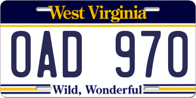 WV license plate OAD970