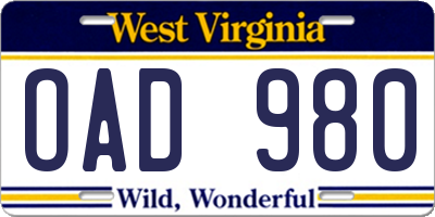 WV license plate OAD980