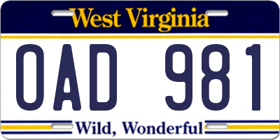WV license plate OAD981