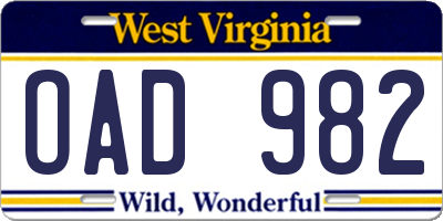 WV license plate OAD982