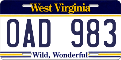 WV license plate OAD983