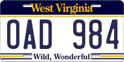 WV license plate OAD984