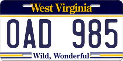 WV license plate OAD985