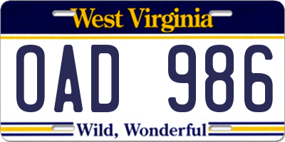 WV license plate OAD986