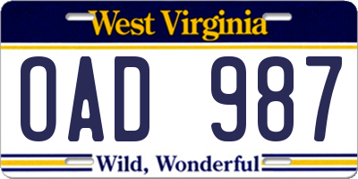WV license plate OAD987