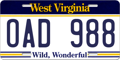 WV license plate OAD988