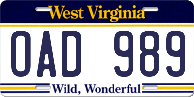 WV license plate OAD989