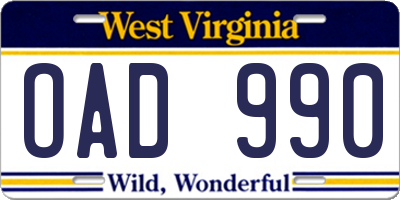 WV license plate OAD990