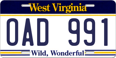 WV license plate OAD991