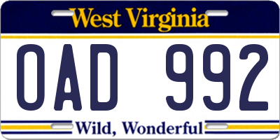 WV license plate OAD992