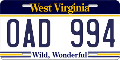 WV license plate OAD994