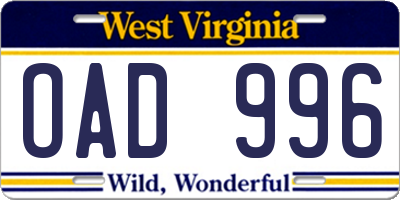 WV license plate OAD996