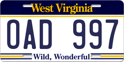 WV license plate OAD997