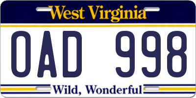 WV license plate OAD998