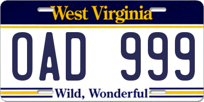 WV license plate OAD999