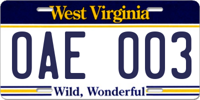 WV license plate OAE003