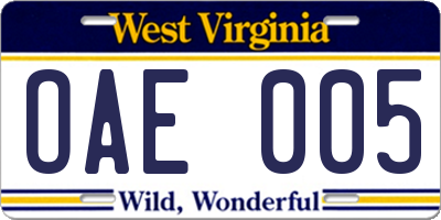 WV license plate OAE005