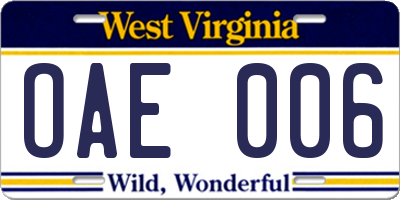 WV license plate OAE006