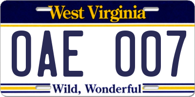 WV license plate OAE007