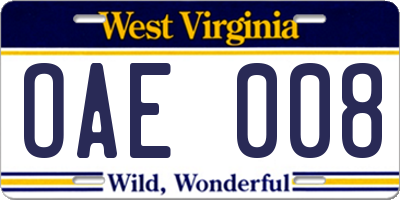 WV license plate OAE008
