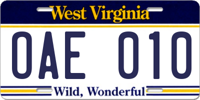 WV license plate OAE010