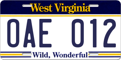 WV license plate OAE012