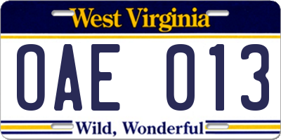 WV license plate OAE013