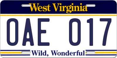 WV license plate OAE017