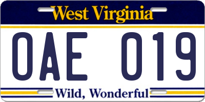 WV license plate OAE019