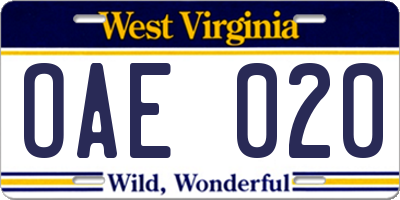 WV license plate OAE020