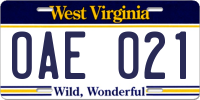 WV license plate OAE021