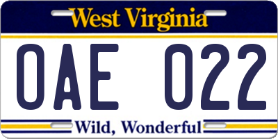 WV license plate OAE022