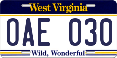WV license plate OAE030