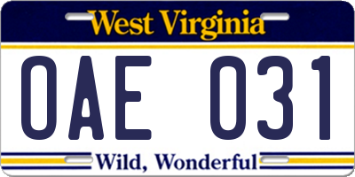WV license plate OAE031