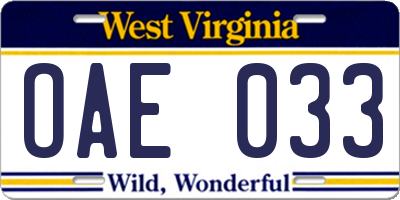WV license plate OAE033