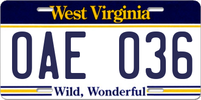 WV license plate OAE036