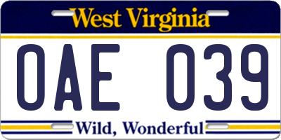 WV license plate OAE039