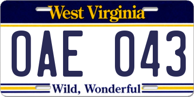 WV license plate OAE043