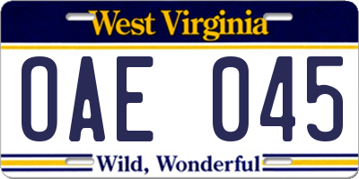 WV license plate OAE045