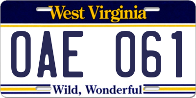 WV license plate OAE061