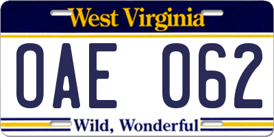 WV license plate OAE062