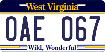WV license plate OAE067