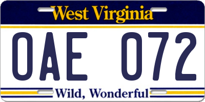 WV license plate OAE072