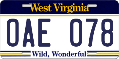 WV license plate OAE078