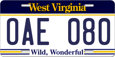 WV license plate OAE080