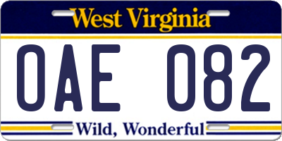 WV license plate OAE082