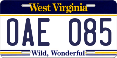 WV license plate OAE085