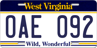 WV license plate OAE092