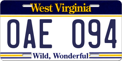 WV license plate OAE094
